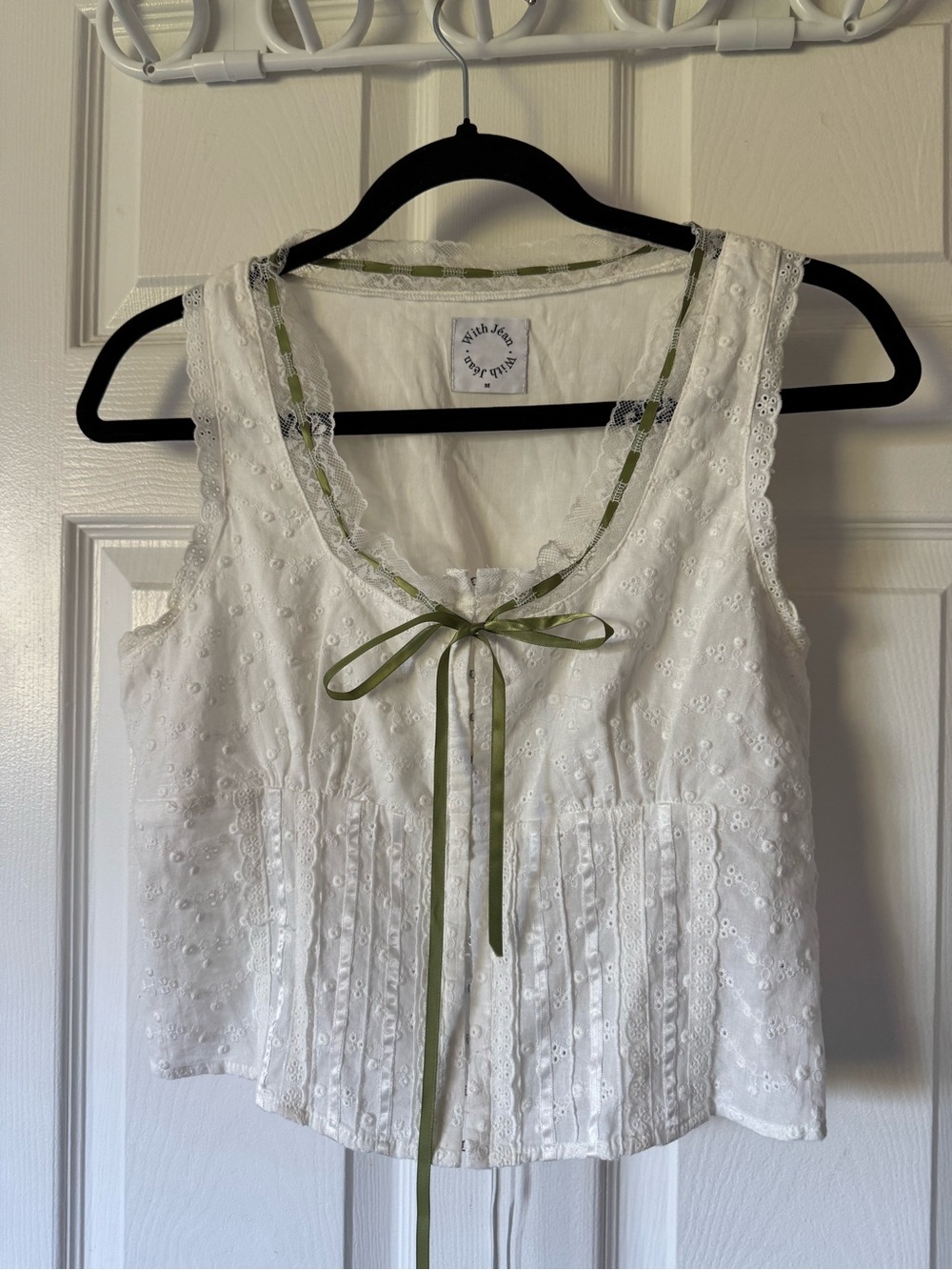 With Jean White Eyelet Camisole with Olive Ribbon Tie